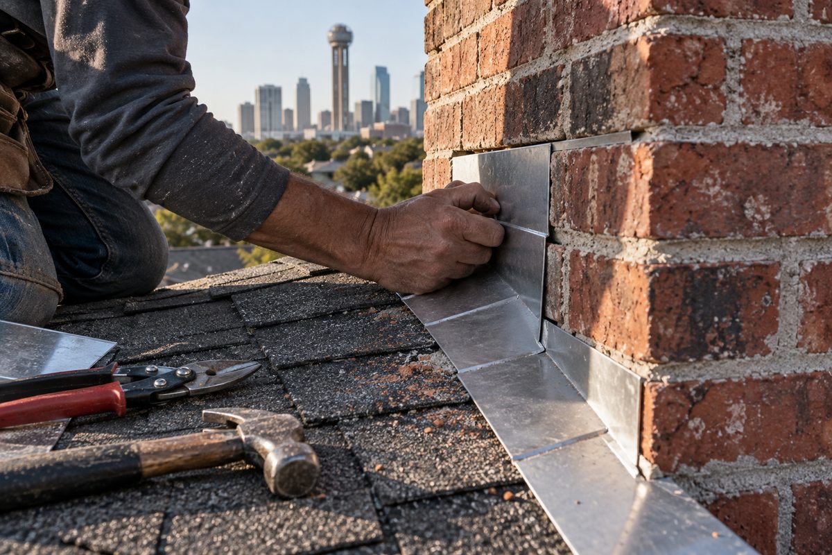 Roofer fitting new step and counter flashing around a brick chimney to stop a leak