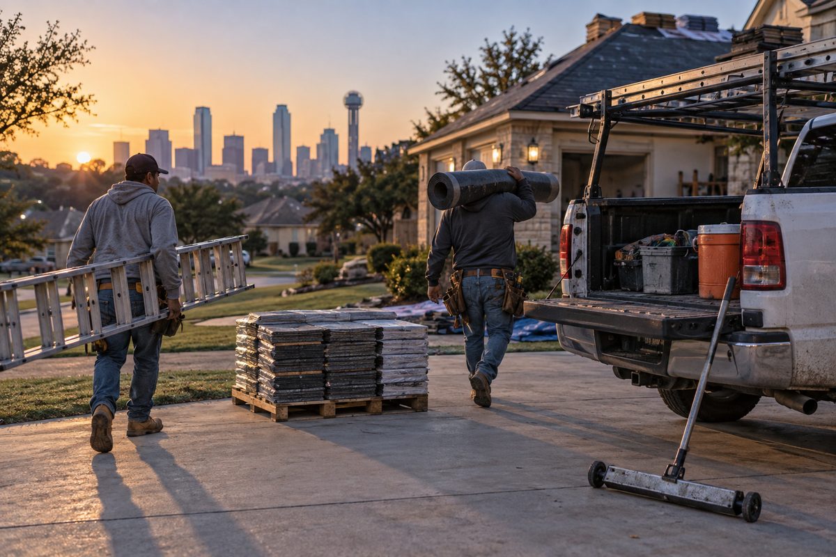 Sunshine Roofing crew unloading shingles and ladders from the truck at a job in Far North Dallas