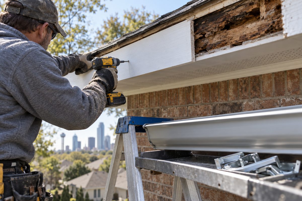 New fascia board being fixed at the eave before the gutter is rehung