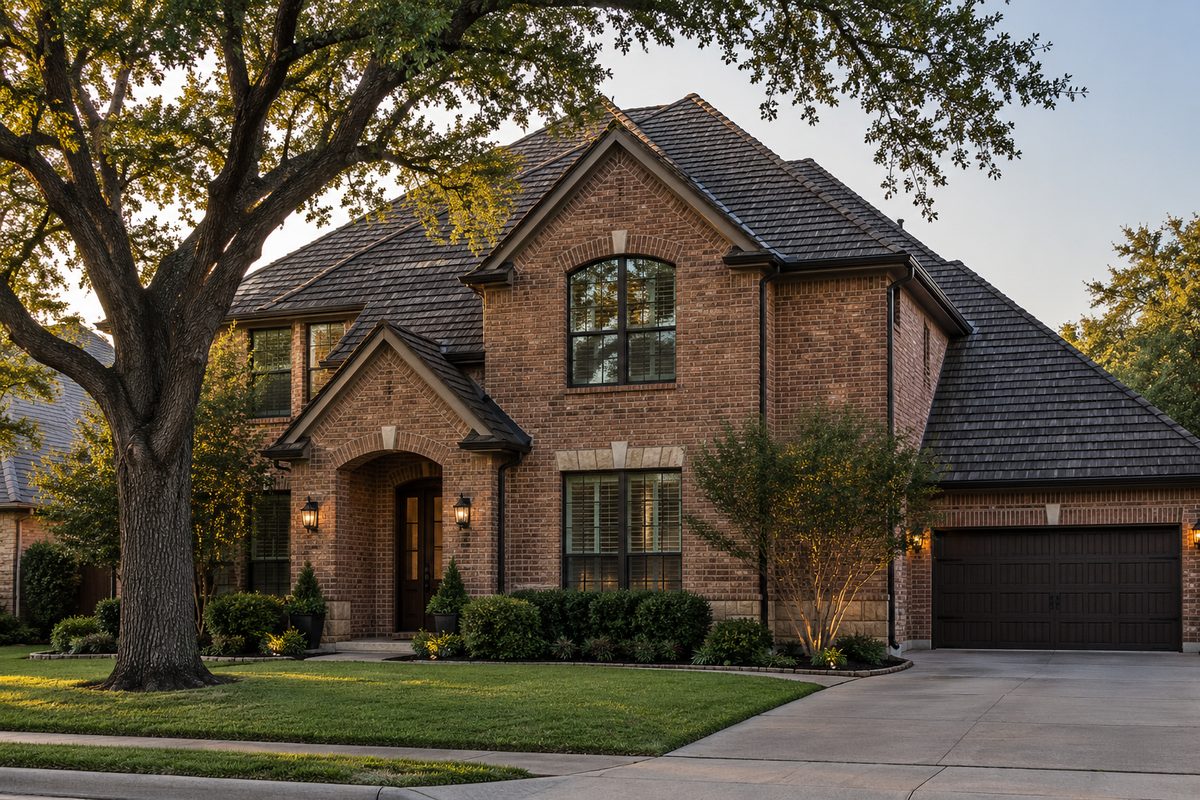 Completed architectural shingle roof with new ridge cap and gutters on a red-brick house
