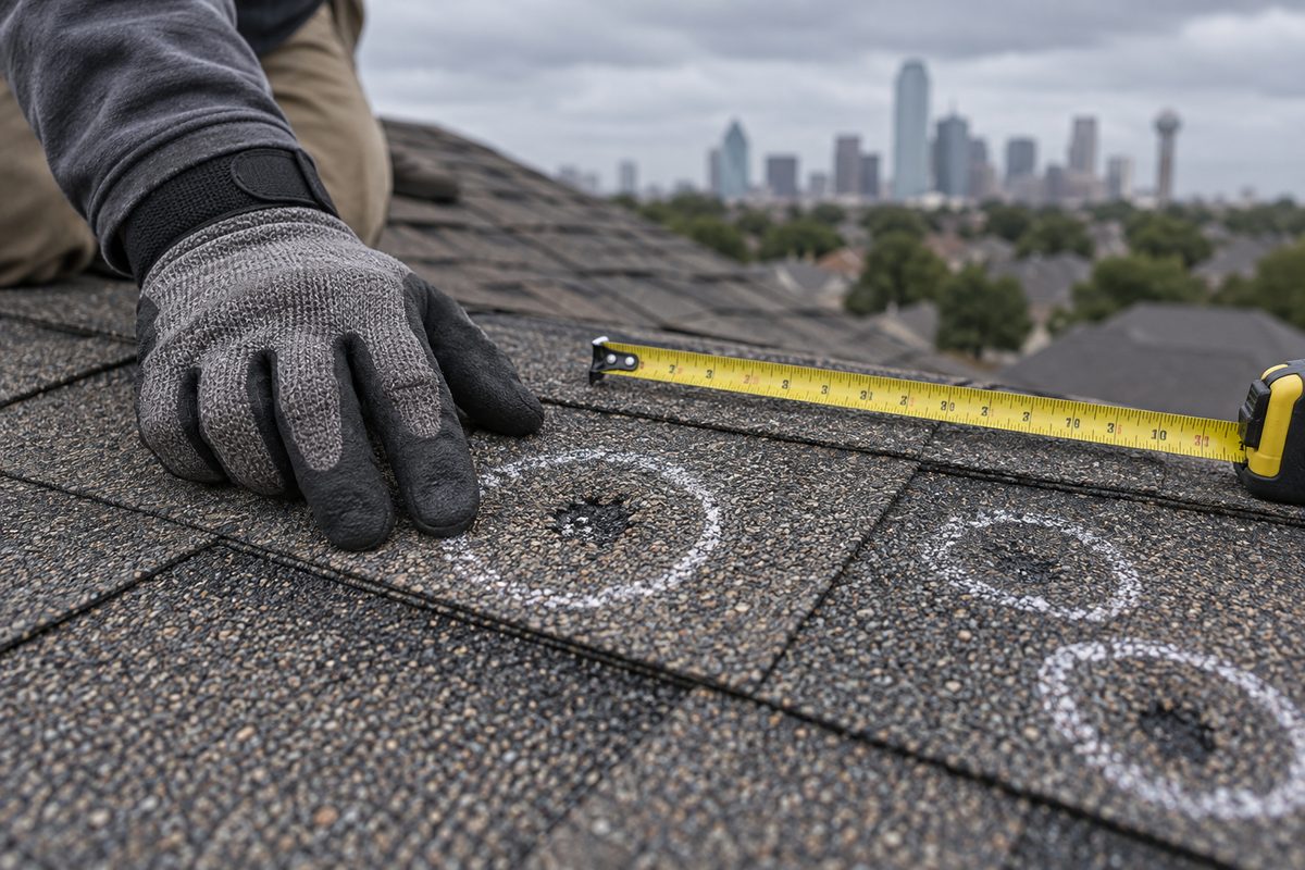 Inspector marking hail bruises on asphalt shingles with chalk during a free roof inspection