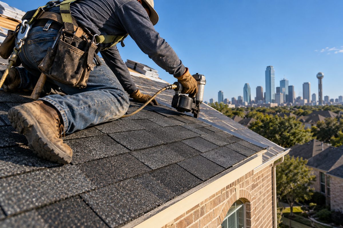 Roofer nailing a new course of charcoal architectural shingles on a brick house in Far North Dallas