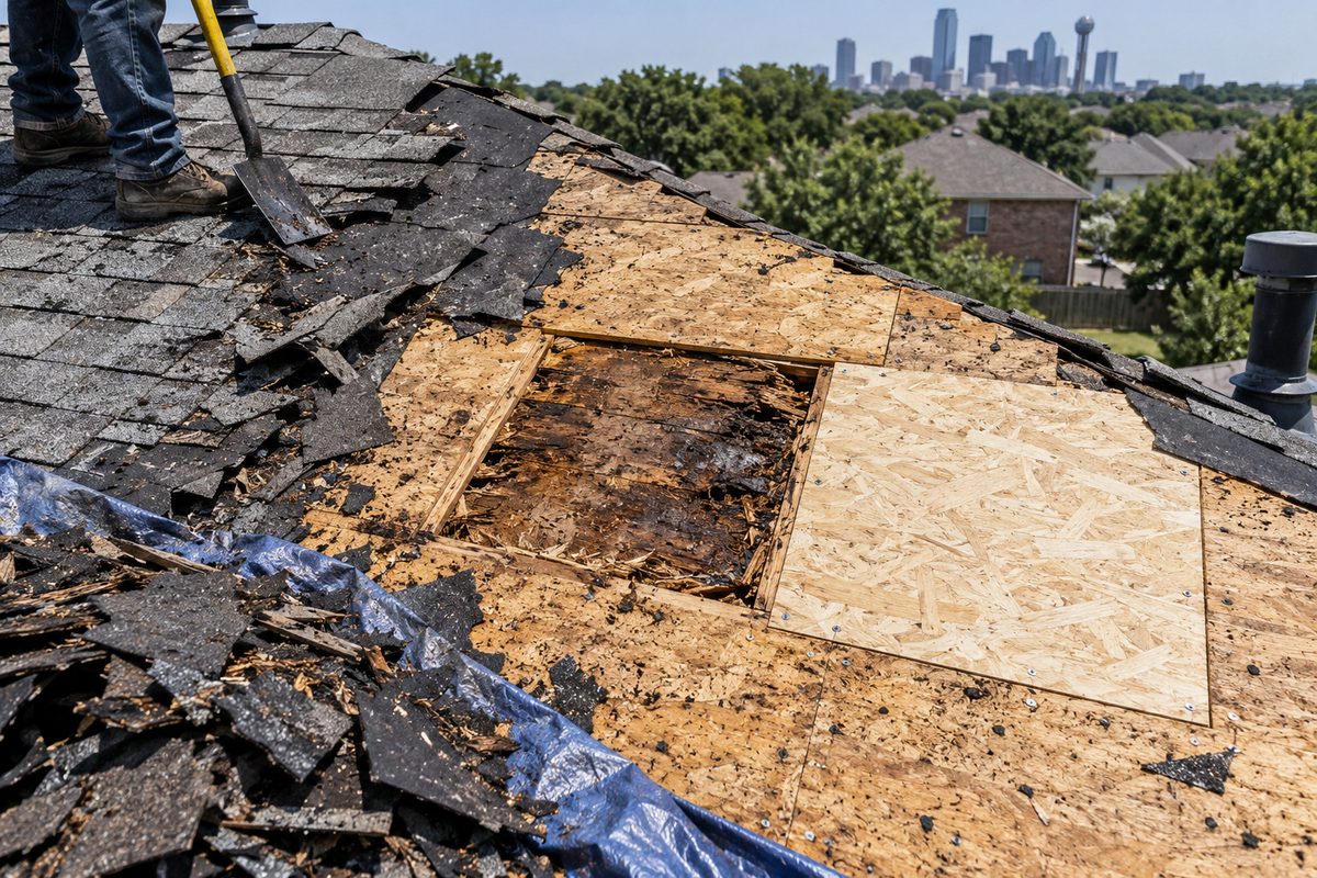 Roof stripped to the OSB decking with a rotten sheet cut out and a new sheet ready to fit