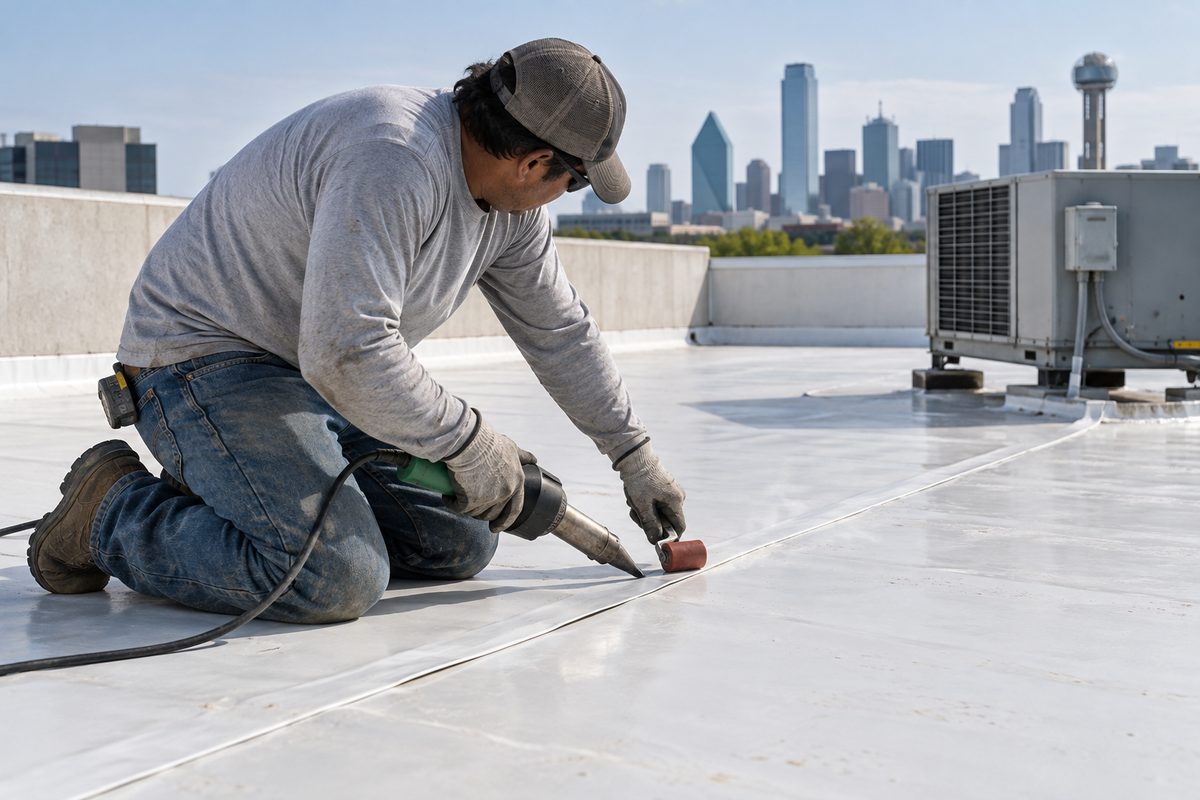 Crew member heat-welding a TPO seam on a flat roof with a hot-air welder and roller